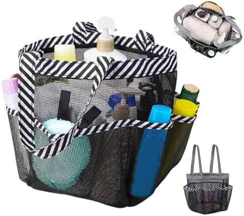 Mesh Shower Caddy with 8 Pockets Portable Black White