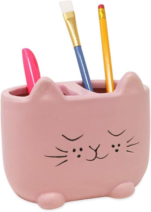 Isaac Jacobs Pink Ceramic Cat Cup Holder Multi-Purpose 2-Section Organizer