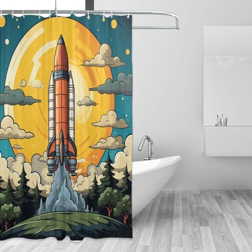 TIYAANDSY Cartoon Rocket Shower Curtain Set 72x72in with 12 Hooks