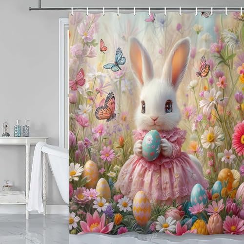 JAWO Pink Rabbit Easter Shower Curtain Set with Hooks