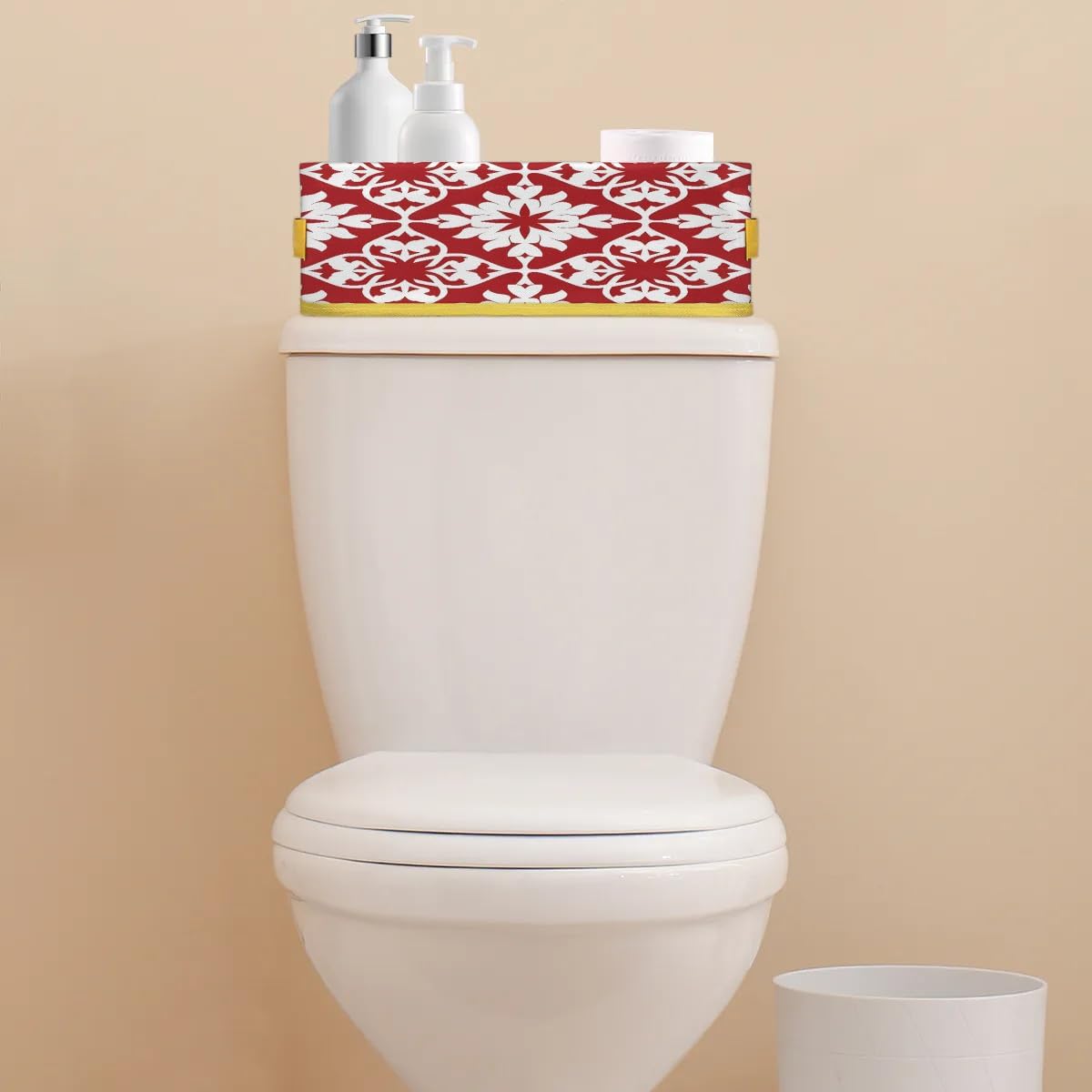 Mexican Tile Toilet Tank Topper Paper Basket with Handle Red