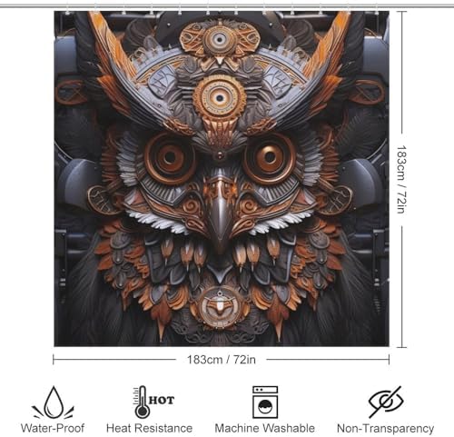 Mecha Owl Waterproof Shower Curtain Set with 12 Hooks 72x72in