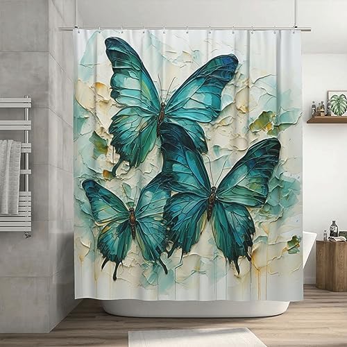 Green Blue Butterfly Shower Curtain Set 72x72in