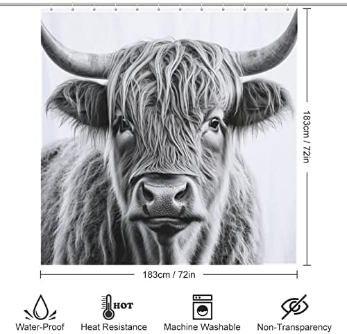 Highland Cow Pattern Waterproof Shower Curtain Set with 12 Hooks 72x72in