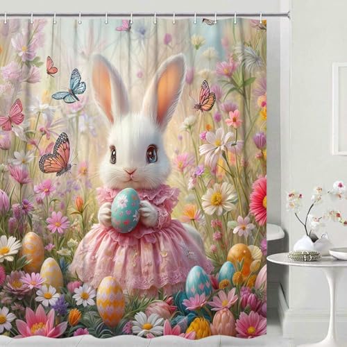 JAWO Pink Rabbit Easter Shower Curtain Set with Hooks