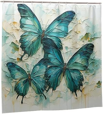 Green Blue Butterfly Shower Curtain Set 72x72in
