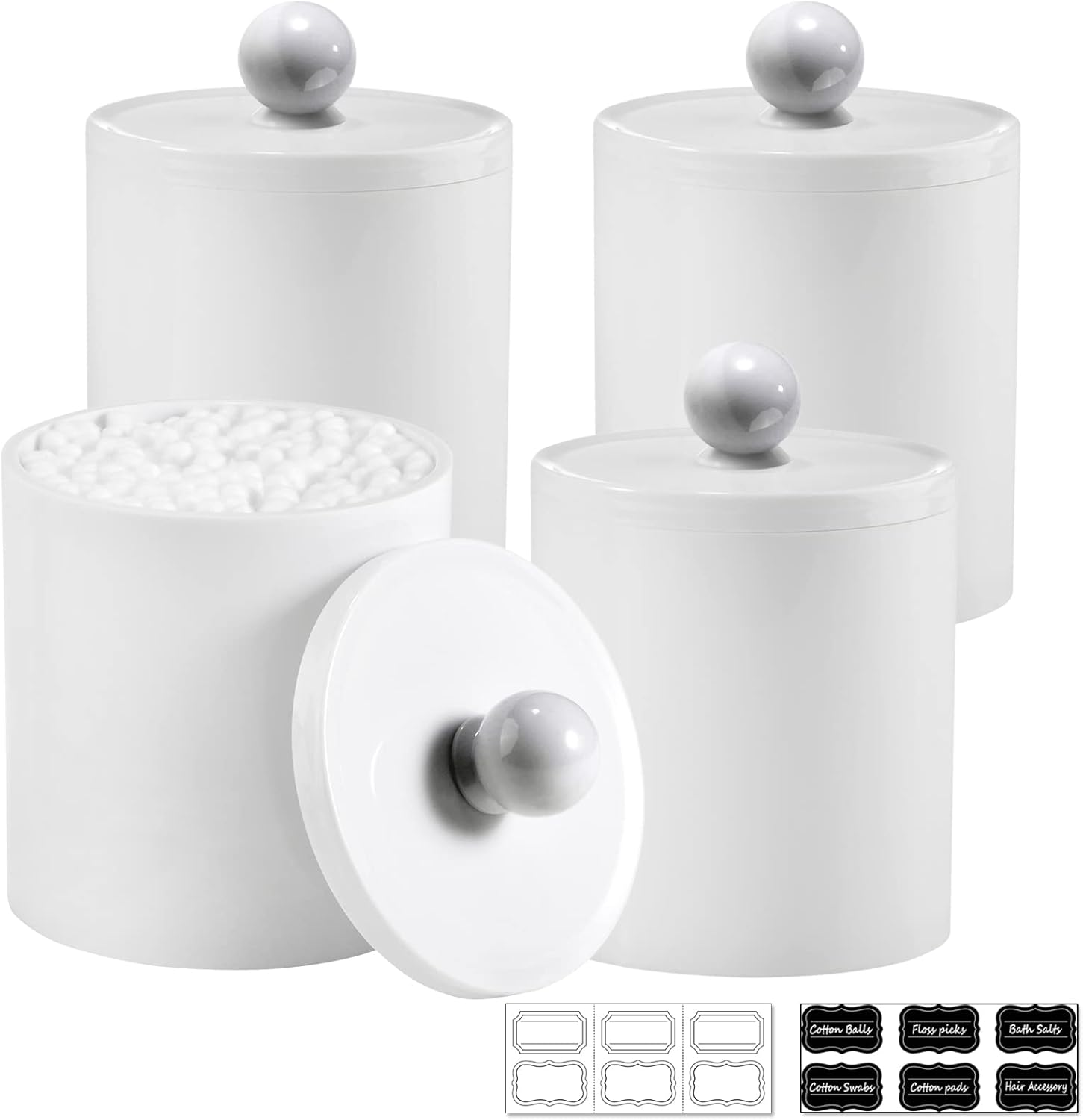 SheeChung White Acrylic Q-Tip Holder Canister Jars 4 Pack of 15 oz