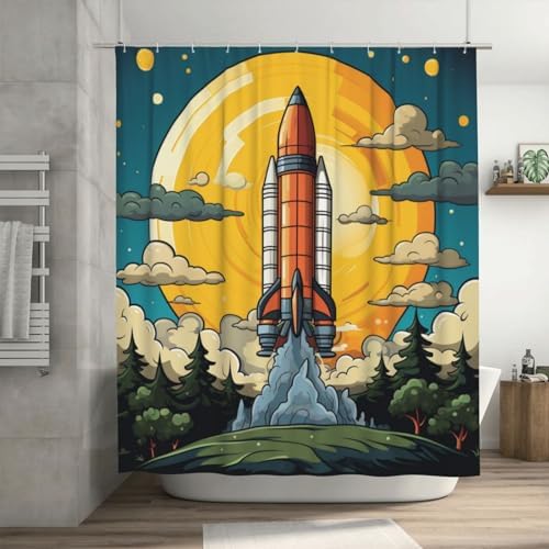 TIYAANDSY Cartoon Rocket Shower Curtain Set 72x72in with 12 Hooks