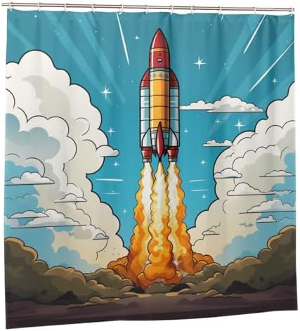Cartoon Rocket Shower Curtain Set with 12 Hooks 72x72in 1