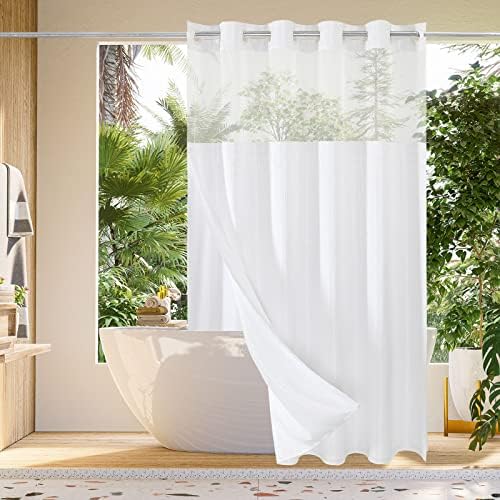 Gibelle Waffle Weave Shower Curtain Set Hook Free with Snap Liner White 72x74