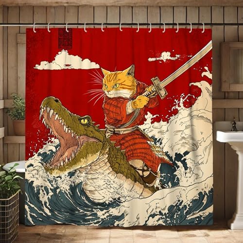 Cat Samurai Shower Curtain Orange Design 72x72 Inch