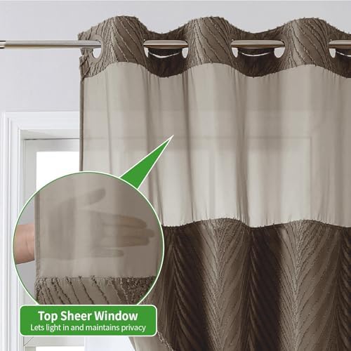 No Hook Shower Curtain Set with Boho Tufted Stripes and See Through Top