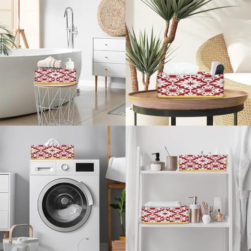 Mexican Tile Toilet Tank Topper Paper Basket with Handle Red