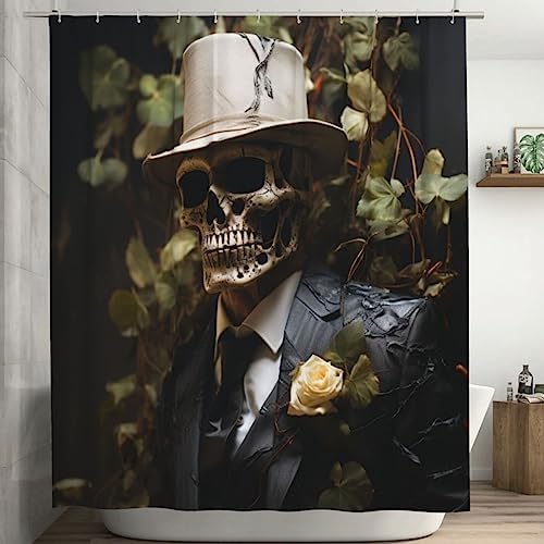 Black Suit Skull Shower Curtain Set with 12 Hooks 72x72in