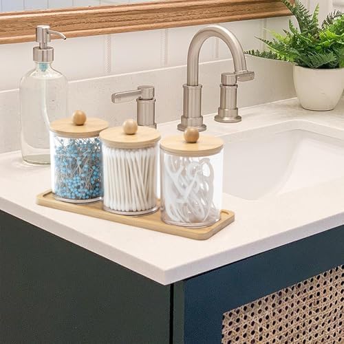 CINDALOG 10 oz Bamboo Q-Tip Holders 3 Pack with Lids and Tray