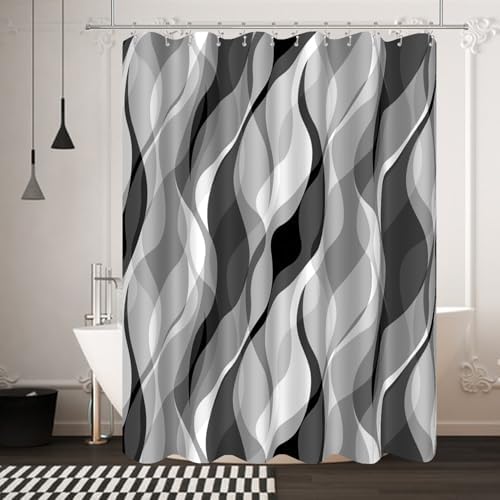 Grey Black Modern 3 in 1 Shower Curtain Set