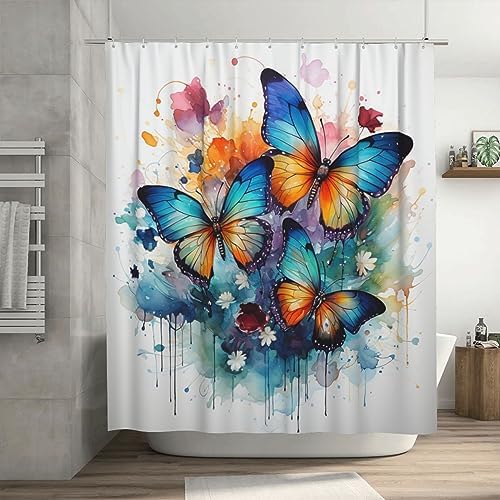 Blue Butterfly Waterproof Shower Curtain Set with 12 Hooks 72x72in