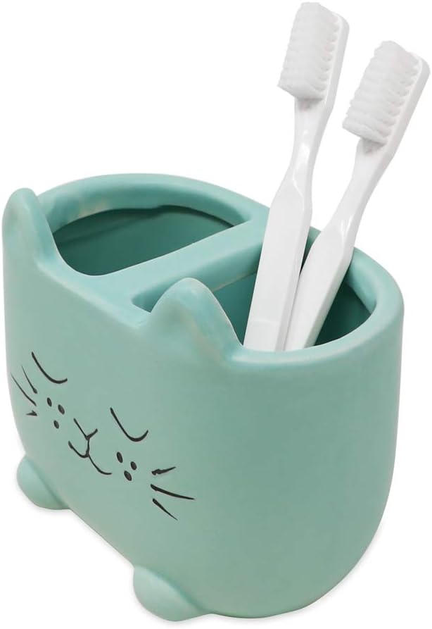 Isaac Jacobs Blue Ceramic Cat Brush Holder Organizer