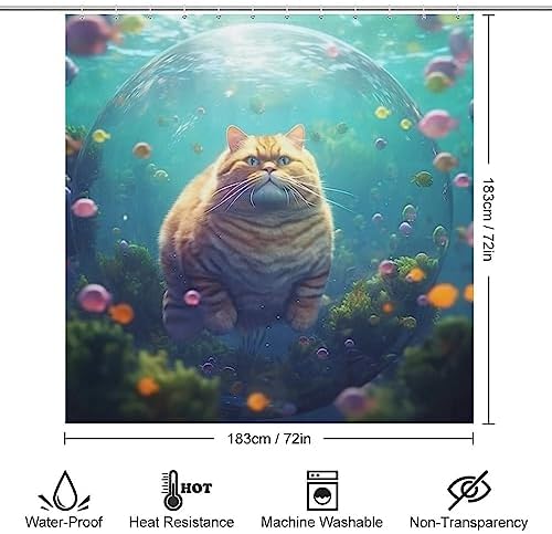 Cute Fat Cat Underwater Fun Fish Shower Curtain Set