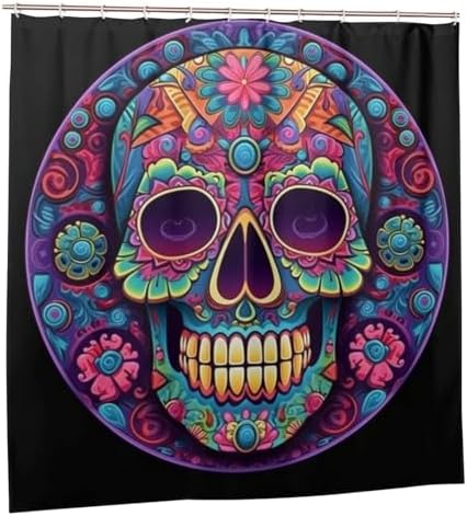 Red Blue Skull Shower Curtain Set with 12 Hooks 72x72in