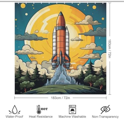 TIYAANDSY Cartoon Rocket Shower Curtain Set 72x72in with 12 Hooks