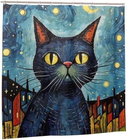Black Cat Shower Curtain Set with 12 Hooks 72x72in