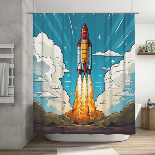Cartoon Rocket Shower Curtain Set with 12 Hooks 72x72in 1