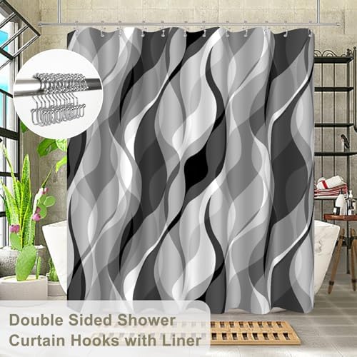 Grey Black Modern 3 in 1 Shower Curtain Set
