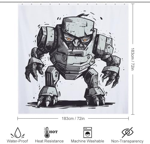 Cartoon Robot Shower Curtain Set with 12 Hooks 72x72in 1