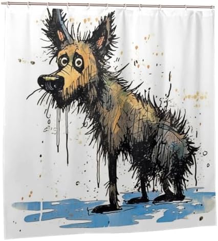 Cartoon Dirty Dog Waterproof Shower Curtain Set with 12 Hooks