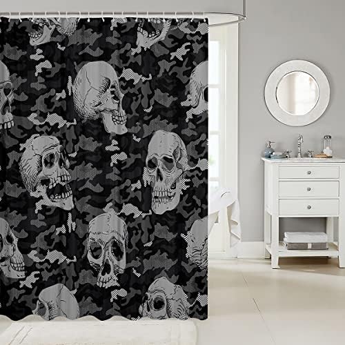 Erosebridal Gray Skull Shower Curtain 72x72 Black White Grey Camo