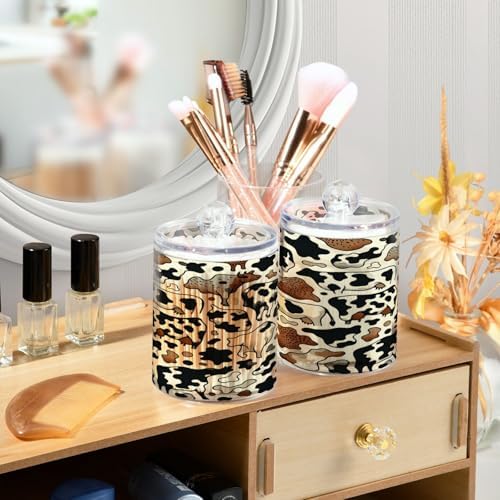 Qilmy Cow Pattern Q-Tip Holder 2 Pack Clear Plastic Apothecary Jars