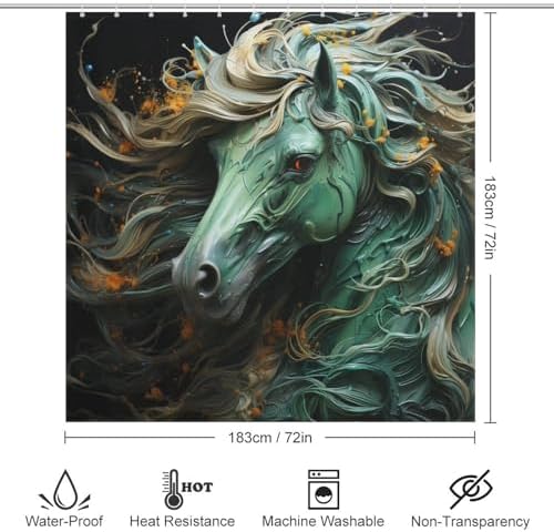 Green Horse Boho Shower Curtain Set with 12 Hooks 72x72in