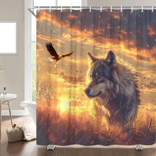 GIXKOXE Wolf Shower Curtain with Desert Sunset Design