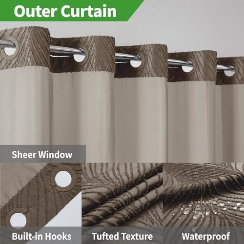 No Hook Shower Curtain Set with Boho Tufted Stripes and See Through Top