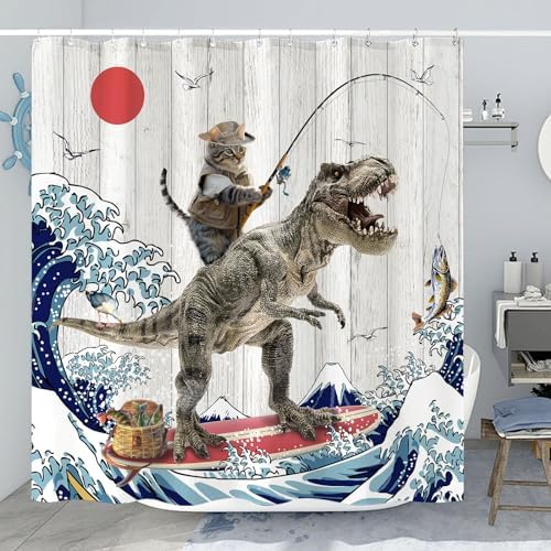Fowocu Funny Cat Dinosaur Shower Curtain 78 Inch 1