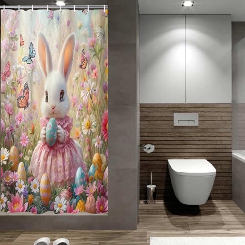 JAWO Pink Rabbit Easter Shower Curtain Set with Hooks