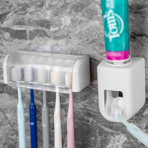 LUEXBOX 5 Slots Wall Mounted Toothbrush Holder with Cover