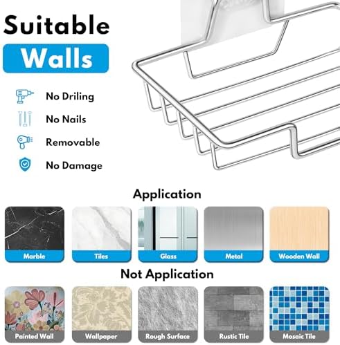 Rainspire Soap Dish Holder No Drilling 304 Stainless Steel Wall-Mounted Square Silver