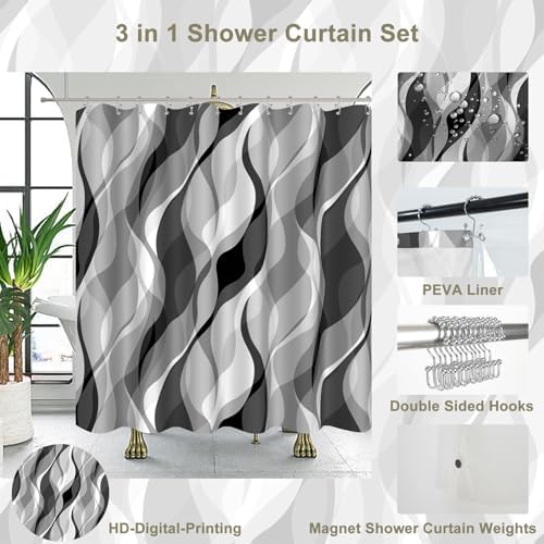 Grey Black Modern 3 in 1 Shower Curtain Set