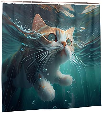 TIYAANDSY Underwater Cat Shower Curtain Set 72x72in with 12 Hooks