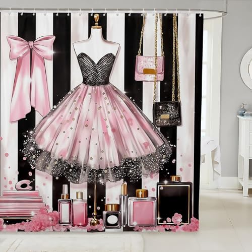Pink Girly Dress Shower Curtain with Gold Polka Dots and Perfume Print