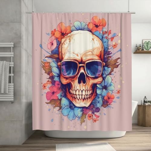 Boho Blue Flower Skull Shower Curtain Set with 12 Hooks