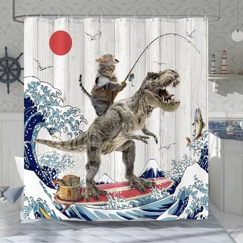 Fowocu Funny Cat Dinosaur Shower Curtain 78 Inch 1