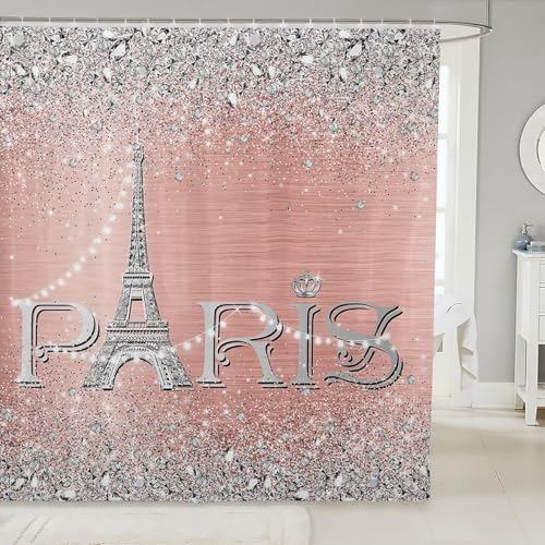 Erosebridal Eiffel Tower Shower Curtain Pink Silver Romantic Paris Decor