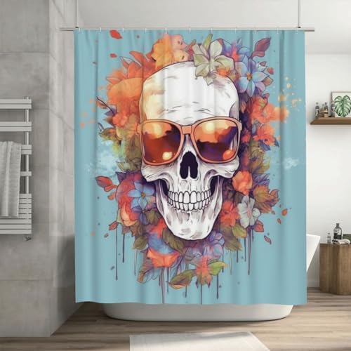 Boho Blue Flower Shower Curtain Set with 12 Hooks