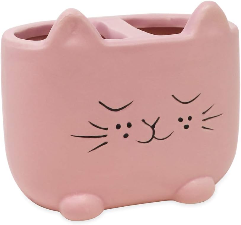 Isaac Jacobs Pink Ceramic Cat Cup Holder Multi-Purpose 2-Section Organizer
