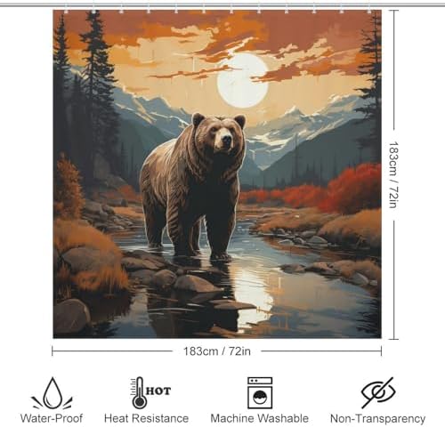 Brown Bear Shower Curtain Set with 12 Hooks 72x72in 1