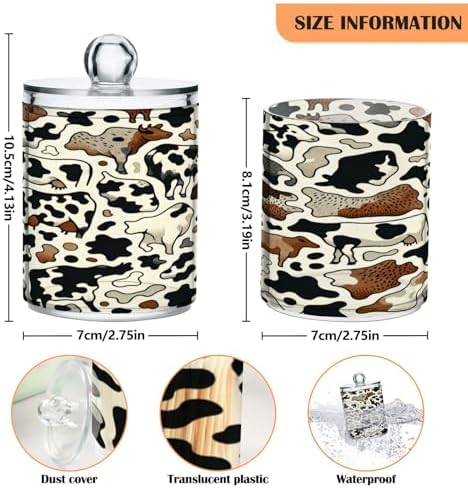 Qilmy Cow Pattern Q-Tip Holder 2 Pack Clear Plastic Apothecary Jars