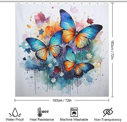 Blue Butterfly Waterproof Shower Curtain Set with 12 Hooks 72x72in